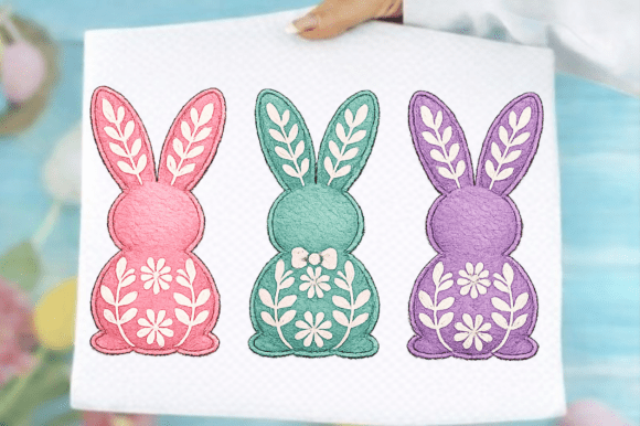 Faux Embroidery Bunny Trio Png for Seasonal Shops